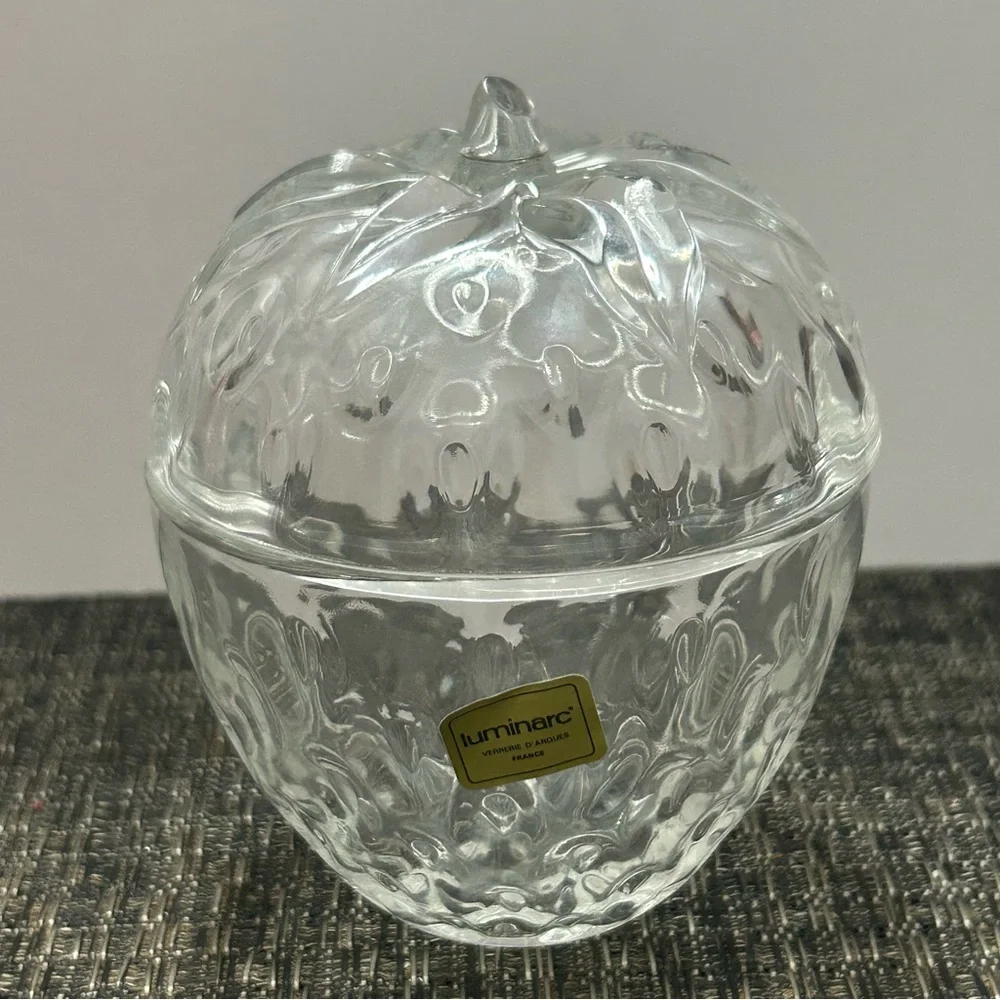 Vintage Strawberry Lidded Glass Trinket Candy Dish in Original Luminarc Box 1992